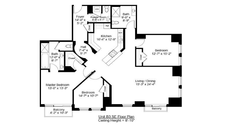 This image shows a floor plan for Unit B3.SE. It includes 3 bedrooms, 3 bathrooms, a foyer, kitchen, living/dining area, and two balconies. Ceiling height: 8'-10