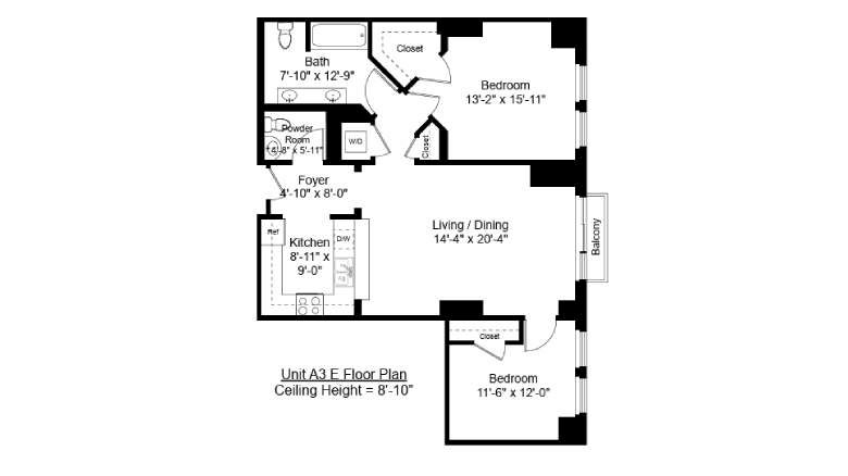 This is a floor plan for a unit with two bedrooms, a kitchen, living/dining area, and two bathrooms, with a ceiling height of 8'-10