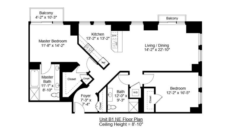 This image shows a floor plan of a two-bedroom apartment with a kitchen, living/dining area, two bathrooms, a foyer, and two balconies.