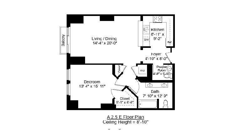 This image depicts a floor plan for a one-bedroom apartment with labeled living/dining, kitchen, bathroom, bedroom, closet, pantry, and foyer. Ceiling height is 8'-10