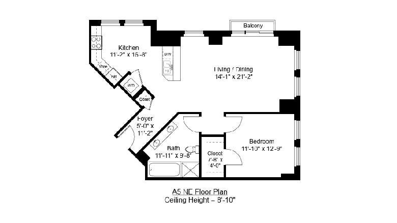 A floor plan shows a kitchen, living/dining area, balcony, bedroom, bathroom, and closet with ceiling height of 9'-10